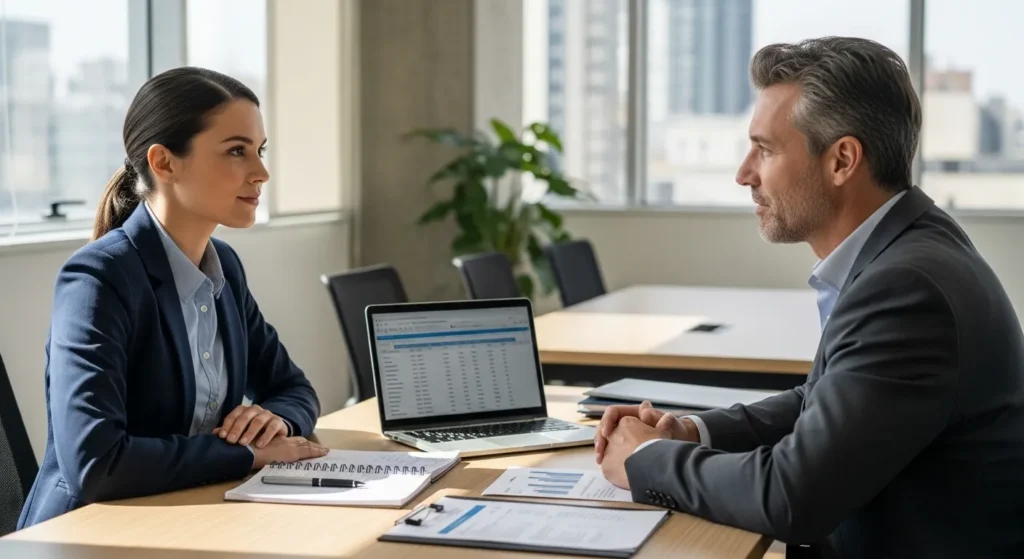 Mulher indo conversar com seu chefe à Pedido de promoção