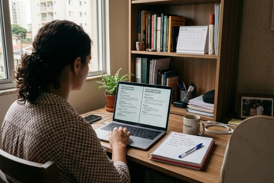 Pessoa comparando as informações do currículo com os requisitos de uma vaga no notebook.