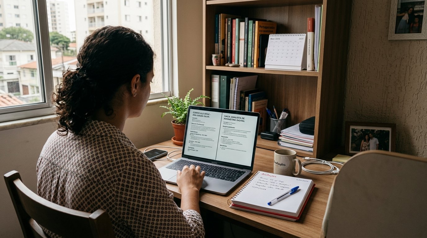 Pessoa comparando as informações do currículo com os requisitos de uma vaga no notebook.