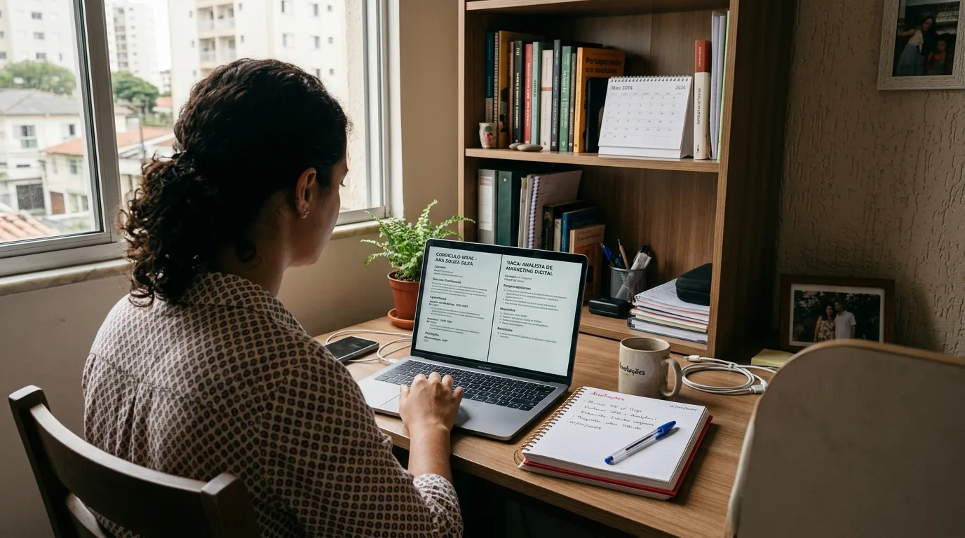 Pessoa comparando as informações do currículo com os requisitos de uma vaga no notebook.