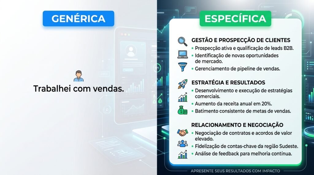 Comparação entre uma descrição profissional genérica e outra com atividades e contexto detalhados.