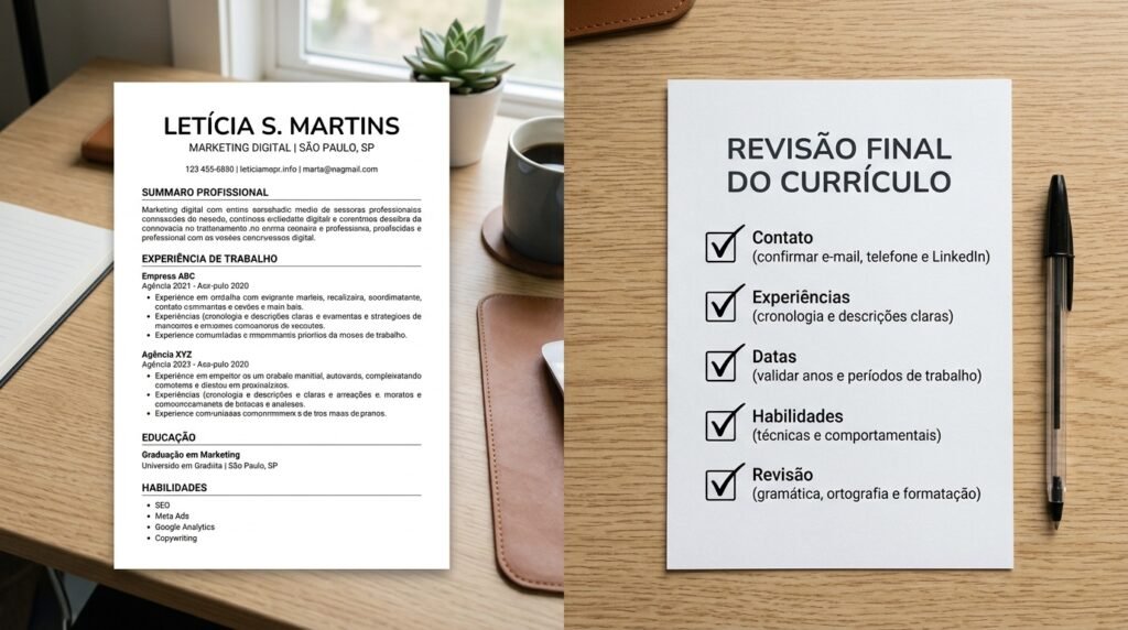 Checklist de revisão de um currículo com dados de contato, experiências, habilidades e datas.