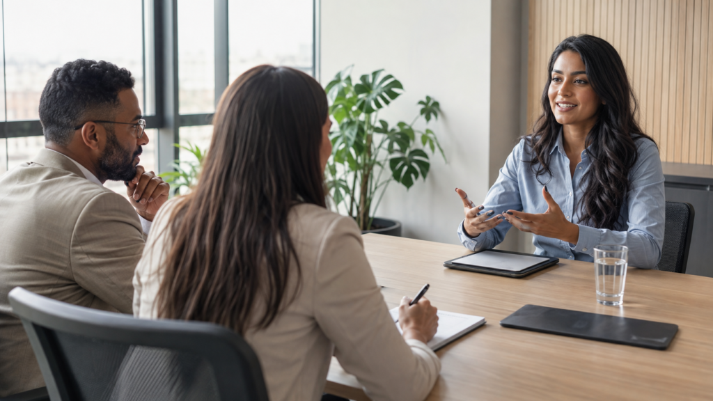 um grupo de pessoas em uma reunião enquanto uma delas tem que responder erguntas difíceis na entrevista.