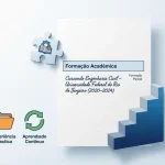 Ilustração de um currículo moderno destacando formação acadêmica parcial ou cursando, com ícones de certificações e experiência prática, representando estratégias para quem não terminou a faculdade.