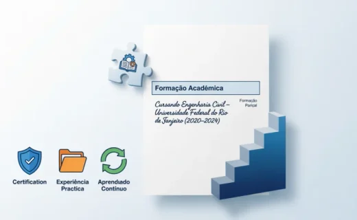 Ilustração de um currículo moderno destacando formação acadêmica parcial ou cursando, com ícones de certificações e experiência prática, representando estratégias para quem não terminou a faculdade.