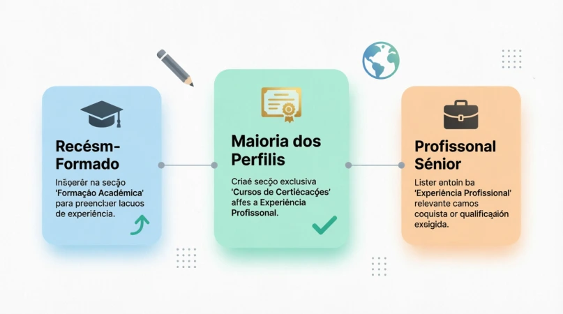 Infográfico mostrando onde colocar cursos online no currículo: recém-formados na formação acadêmica, maioria dos perfis em seção dedicada e profissionais seniores dentro da experiência profissional.