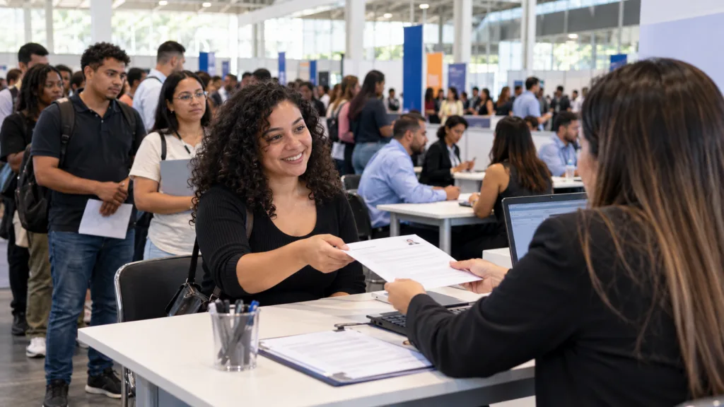 Ilustração de candidatos conversando com recrutadores em atendimento de emprego