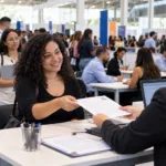 Ilustração de candidatos conversando com recrutadores em atendimento de emprego