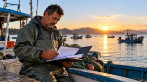 Ilustração de pescador artesanal com documentos ao lado de uma embarcação